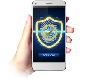 Hand holding smart phone displaying with cyber security shield