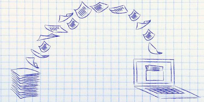 Drawing of pile of paper flying into laptop computer